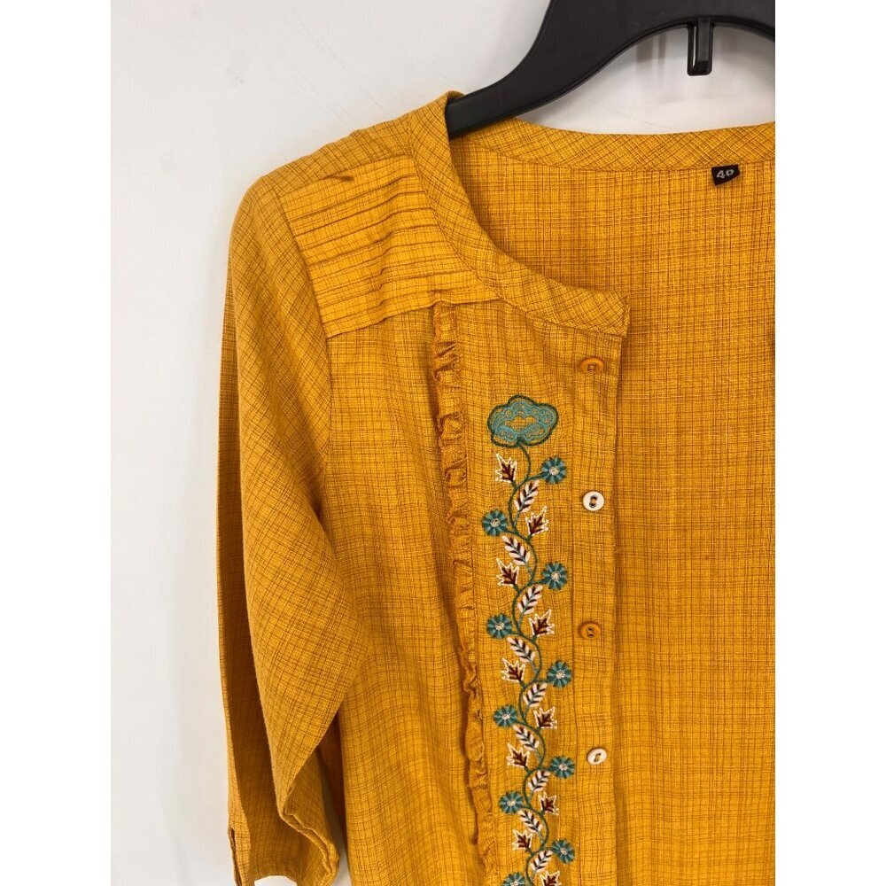 Unbranded Longline Topper Cardigan House Coat Size 40 Yellow Embroidered Border - Picture 2 of 6
